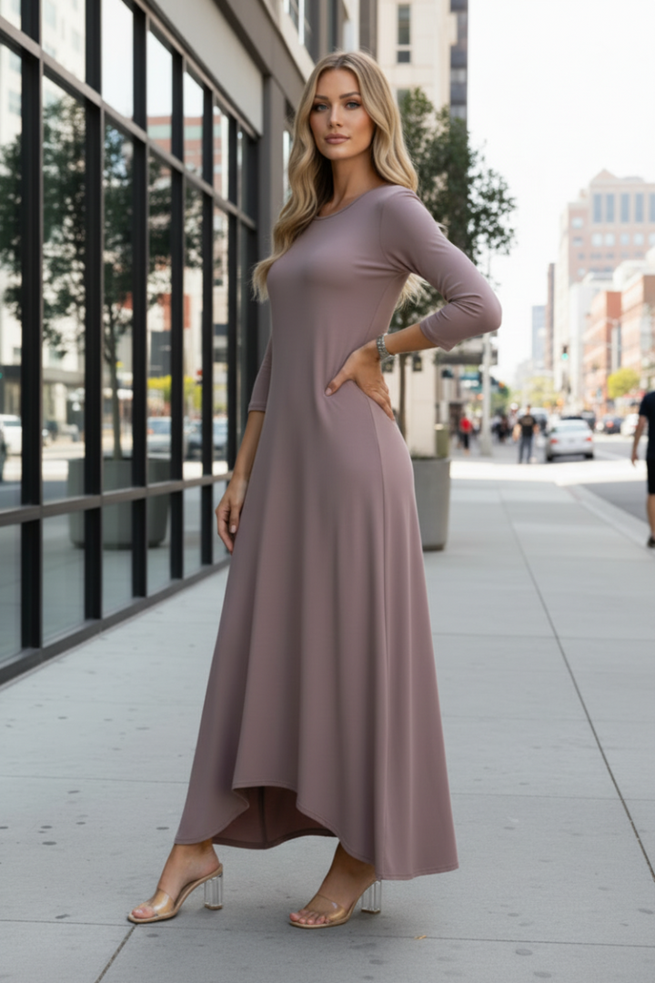 MOCHA LONG SLEEVES SHARK BITE HEM MAXI DRESS SD1161S-