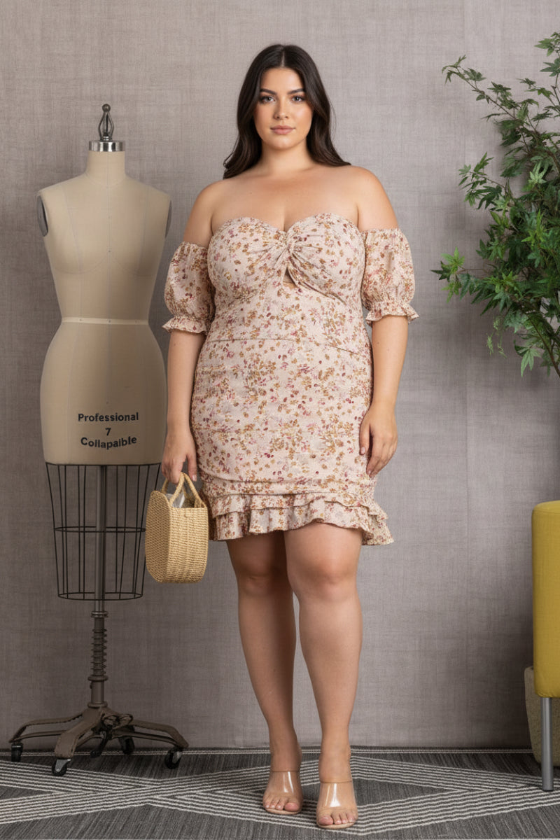 SMOCKED FLORAL PRINT OFF SHOULDER PLUS SIZE MINI DRESS D4565X