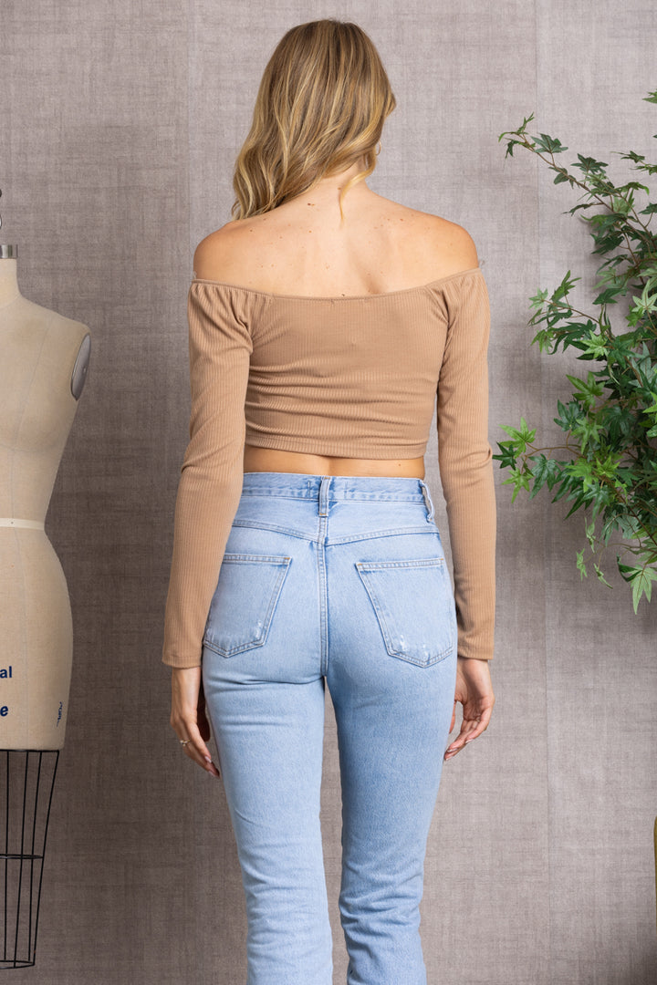 TAUPE SPRUCE  RIBBED LONG SLEEVES V-CUT HEMLINE  CROP TOP-L7328
