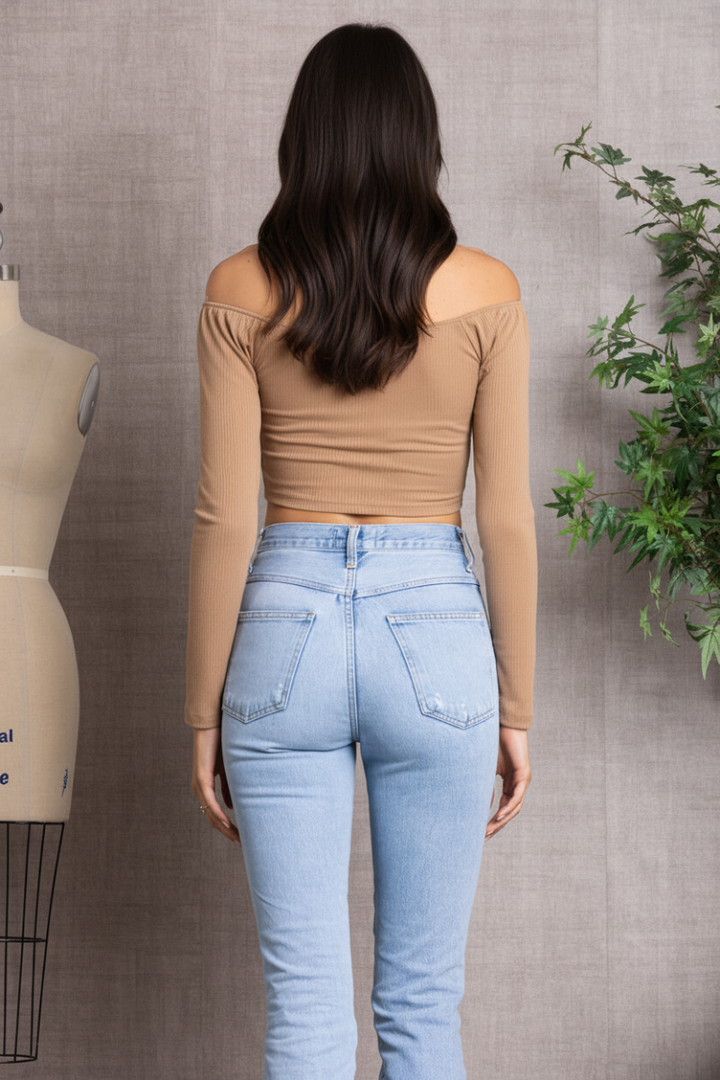 SPRUCE  RIBBED LONG SLEEVES V-CUT HEMLINE  CROP TOP-L7328