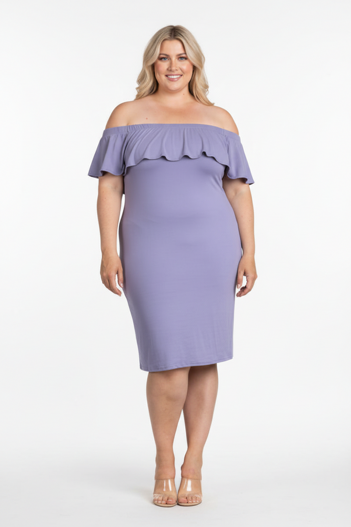 LILAC RUFFLED OFF SHOULDER PLUS SIZE MIDI DRESS RD1019P