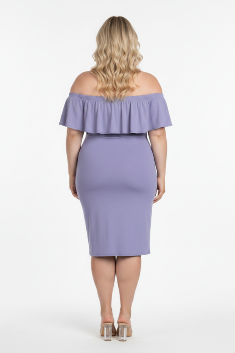 LILAC RUFFLED OFF SHOULDER PLUS SIZE MIDI DRESS RD1019P