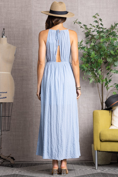TIE-NECK HALTER SHIRRED CUT-OUT BACK DETAILED MAXI DRESS