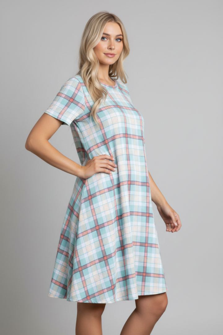 MINT MADRAS PRINT T-SHIRT MIDI DRESS-D1820