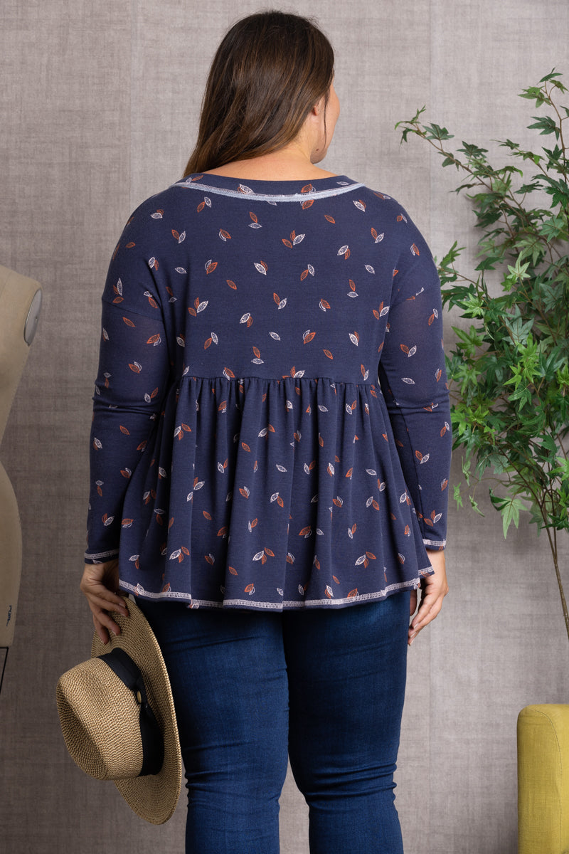 FALL LEAVES PRINT BABY-DOLL STYLE PLUS SIZE TOP PTJ10117PB