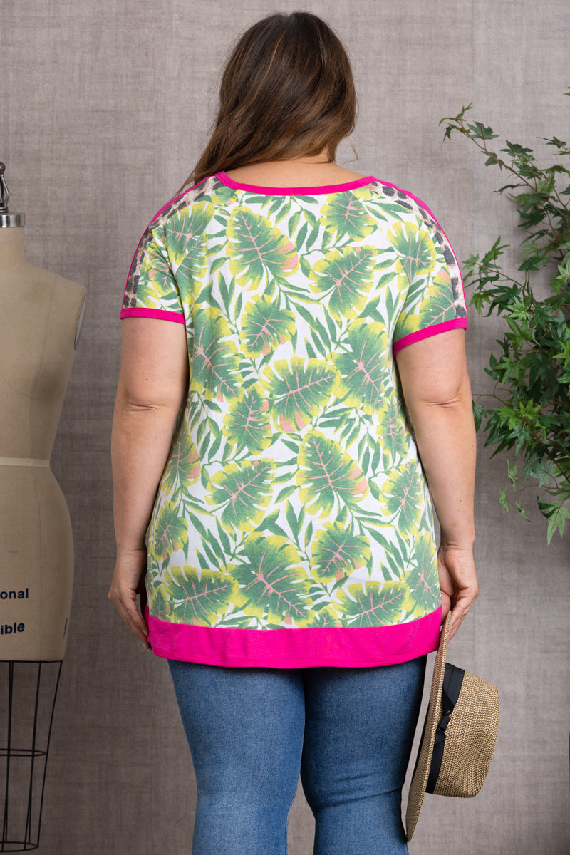 TROPICAL LEAVES PRINT KNIT TOP PLUS SIZE TOP-CT43616E