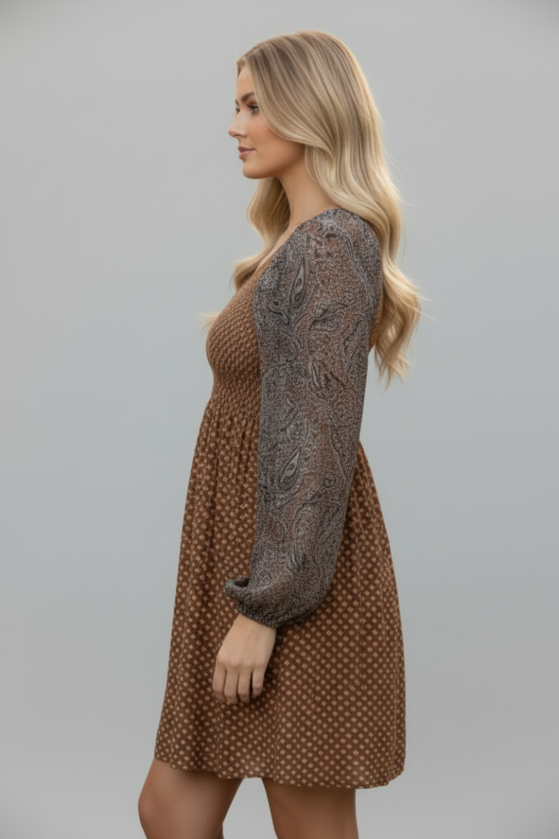 PECAN COMBO PUFF LONG SLEEVES PLUS SIZE MIDI DRESS-CIDM9367-