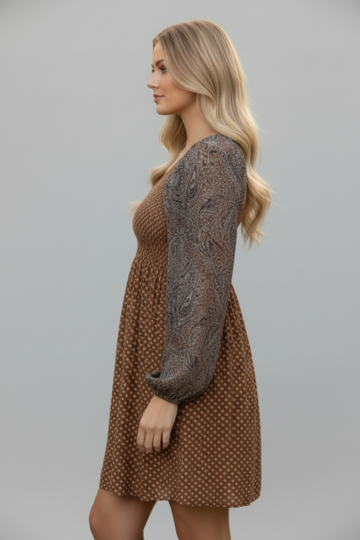 PECAN COMBO PUFF LONG SLEEVES PLUS SIZE MIDI DRESS-CIDM9367-
