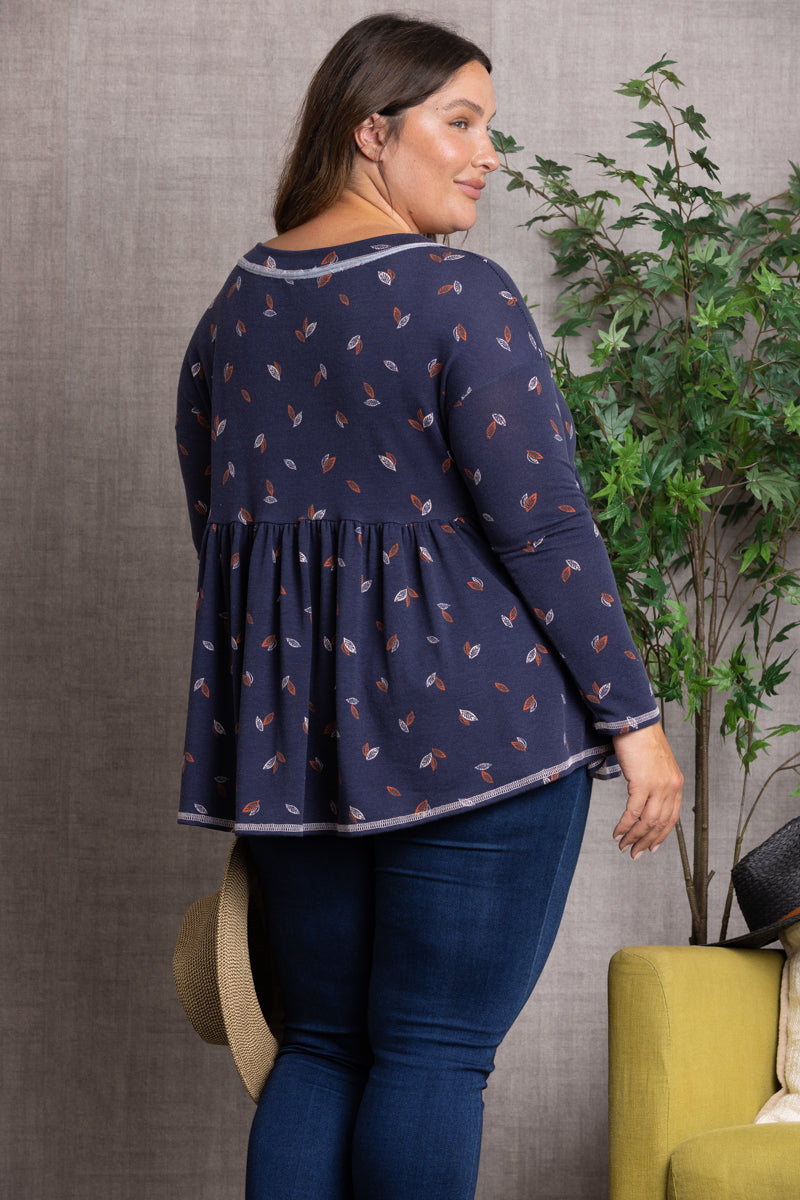 FALL LEAVES PRINT BABY-DOLL STYLE PLUS SIZE TOP PTJ10117PB