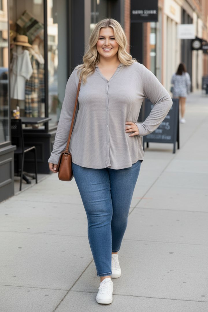 PLUS SIZE V-NECK BUTTON DOWN  KNIT TOP T8820PL