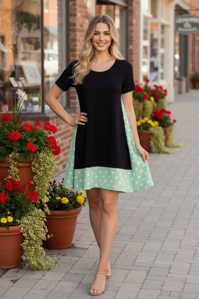 SOLID POLKA DOTS HEM DETAILED PRINT SHIFT DRESS