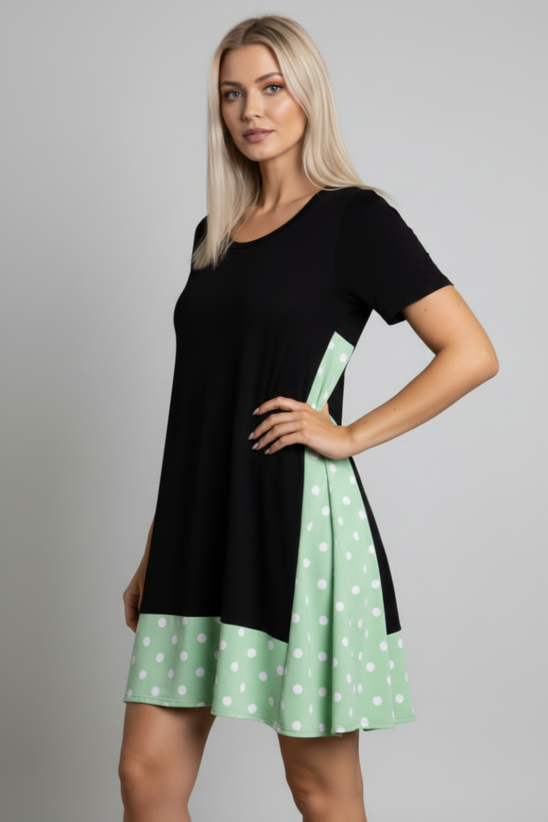 SOLID POLKA DOTS HEM DETAILED PRINT SHIFT DRESS