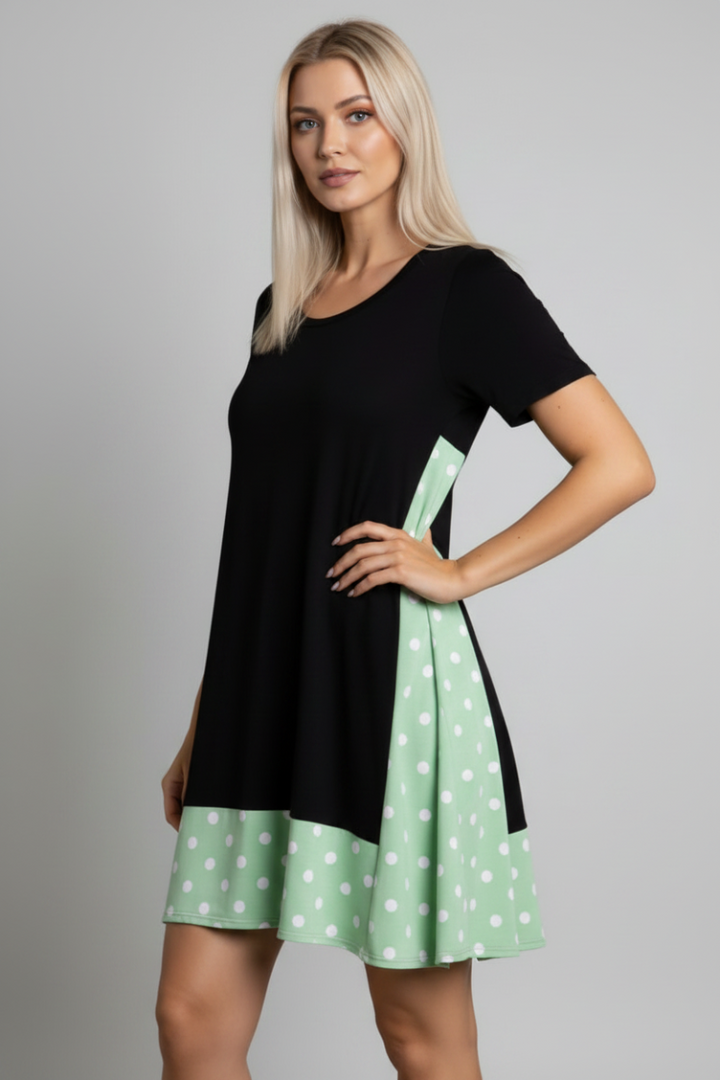 SOLID POLKA DOTS HEM DETAILED PRINT SHIFT DRESS