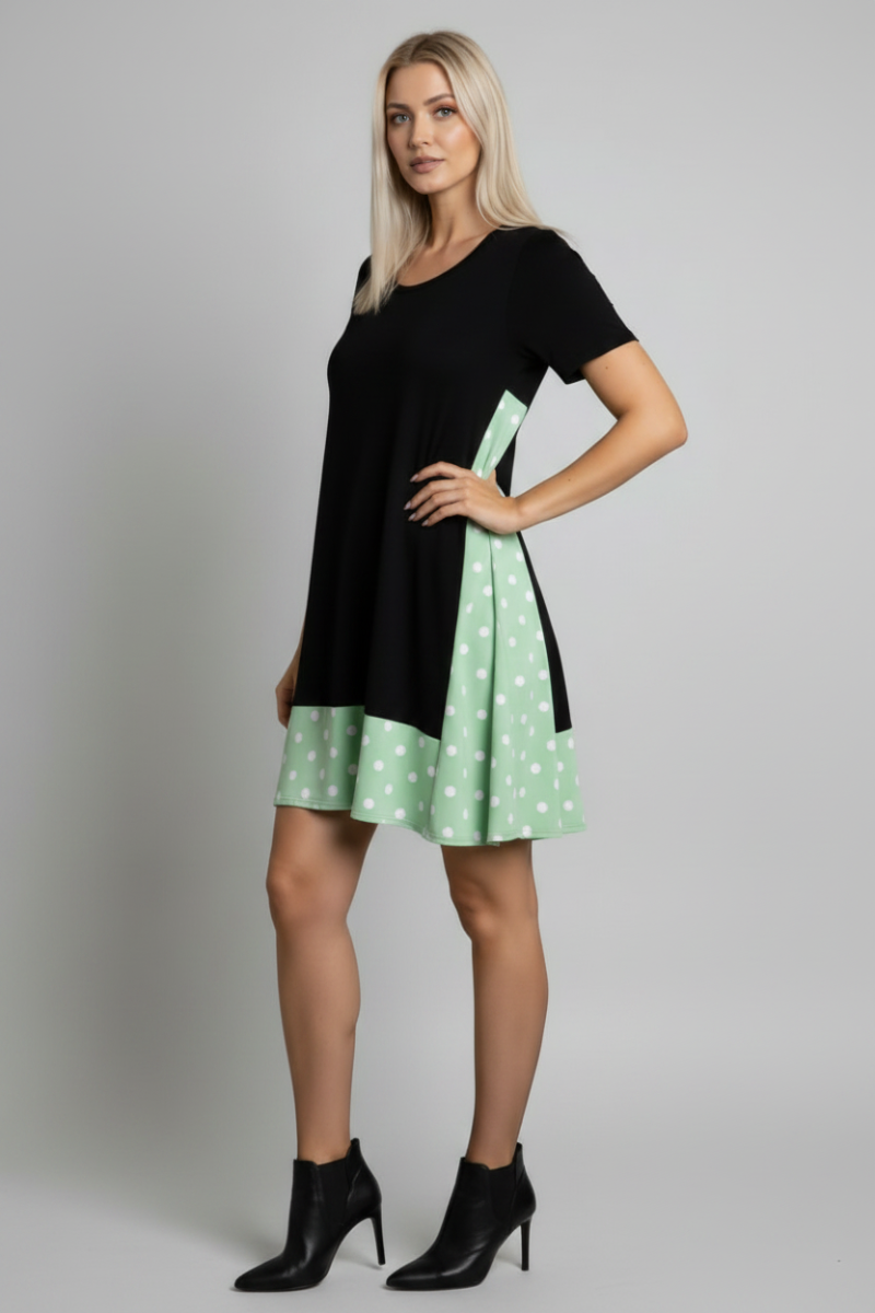 SOLID POLKA DOTS HEM DETAILED PRINT SHIFT DRESS