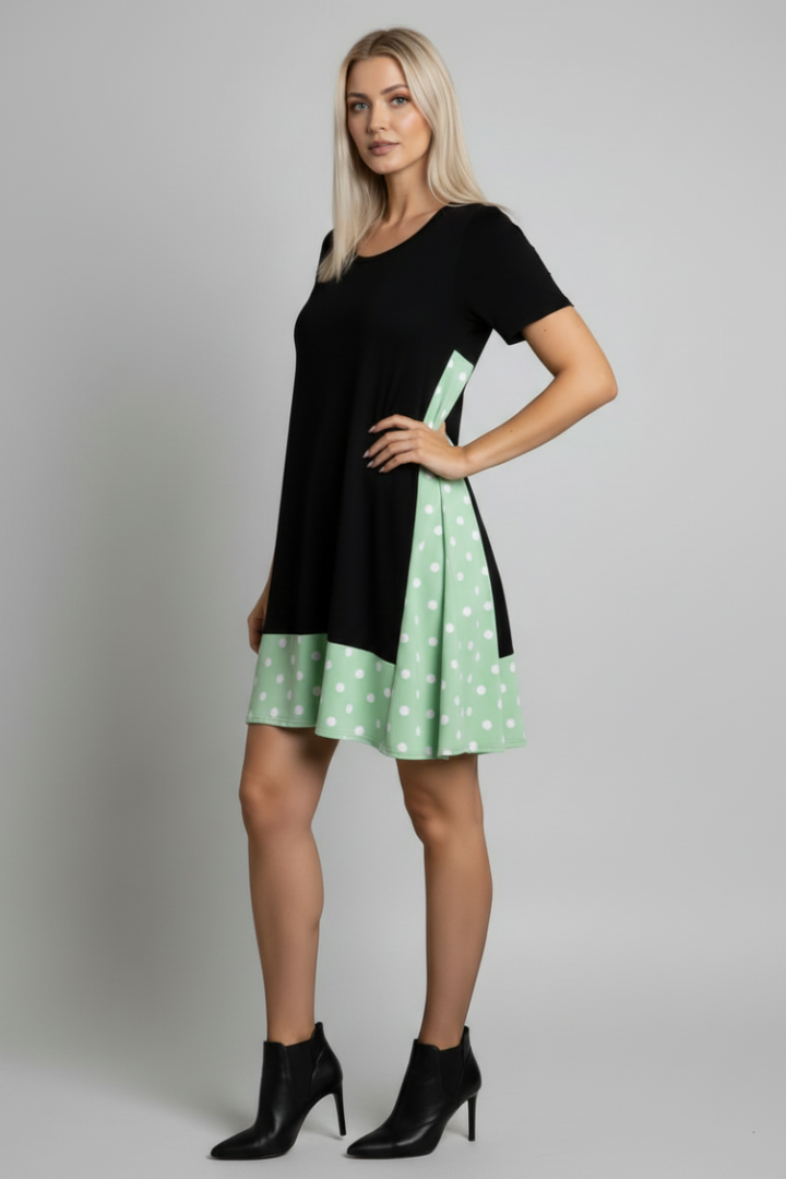 SOLID POLKA DOTS HEM DETAILED PRINT SHIFT DRESS