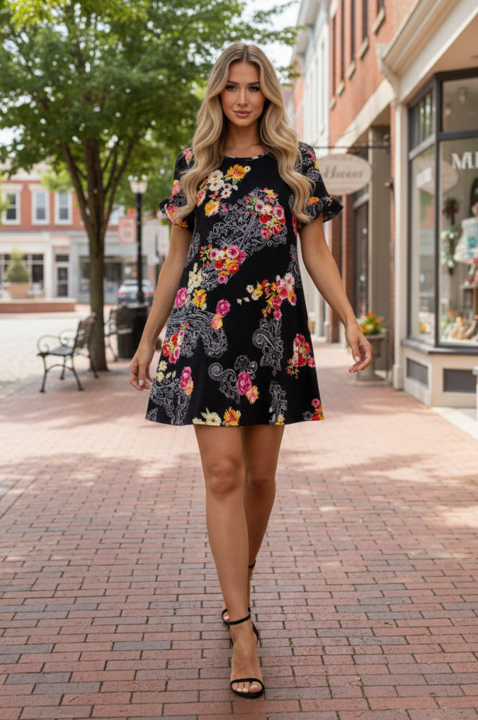 BLACK FLORAL PRINT RUFFLED SHORT SLEEVES MIDI DRESS-SD2163-23-