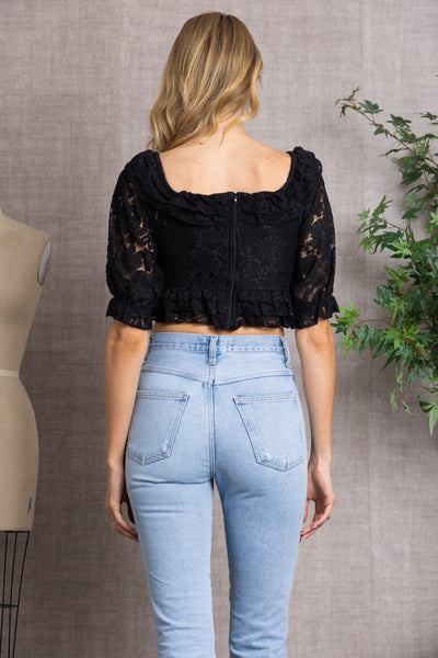RUFFLED PUFF SHORT SLEEVES LACE CROP TOP T59007