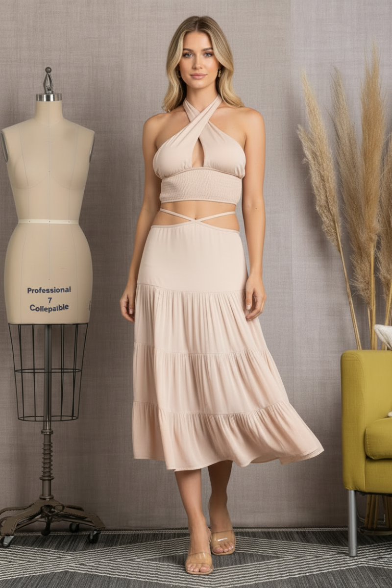 BLUSH LOUIE TIE BACK MIDI SKIRT & CROSS HALTER TOP SET T3119