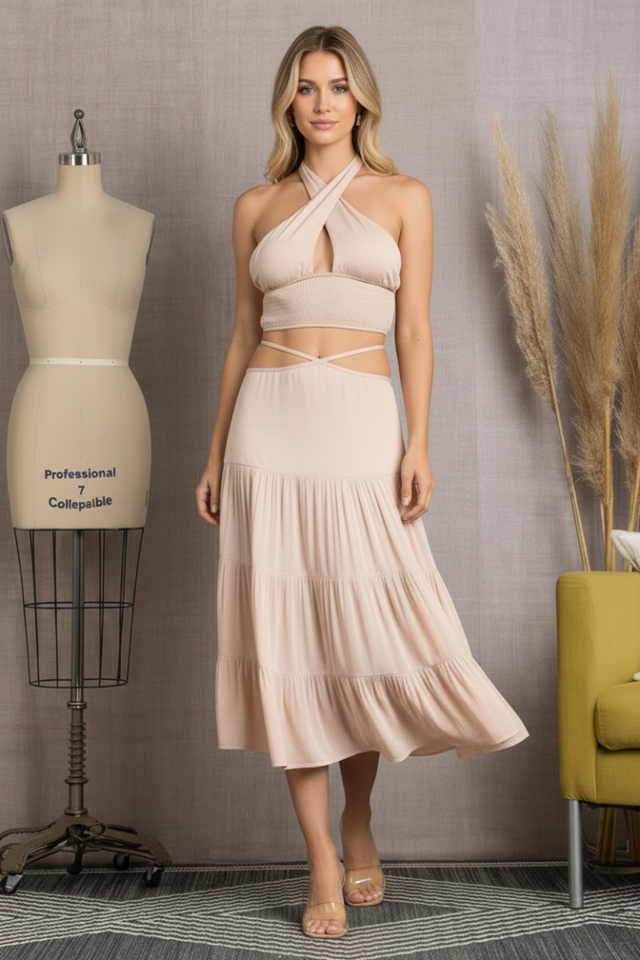 BLUSH LOUIE TIE BACK MIDI SKIRT & CROSS HALTER TOP SET T3119