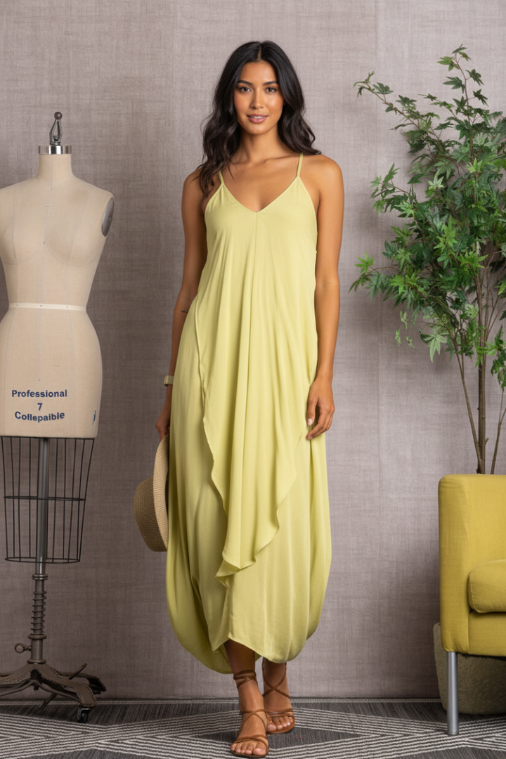 GREEN DEEP V-NECK RUFFLED MAXI DRESS-ND30864