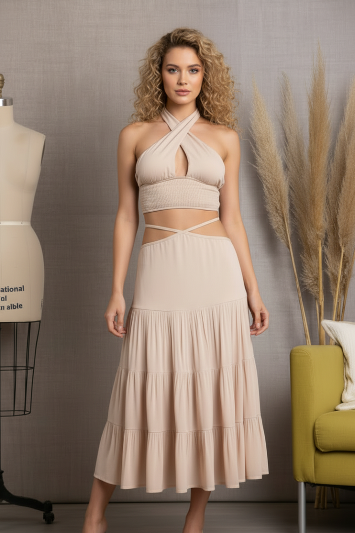 BLUSH LOUIE TIE BACK MIDI SKIRT & CROSS HALTER TOP SET T3119