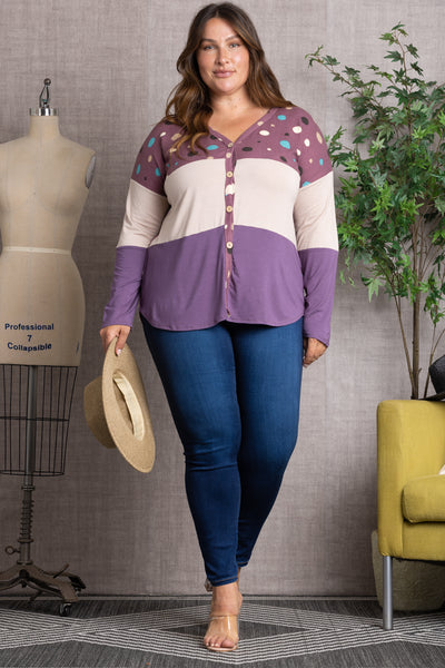 MIXED-PATTERN BUTTON DOWN SWEATER PLUS SIZE-CT43590DX