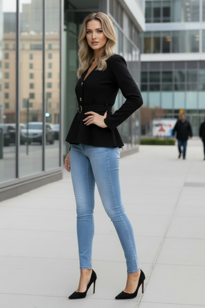 NOIR BLACK LONG SLEEVE BUTTON-UP BELTED TOP 930745-