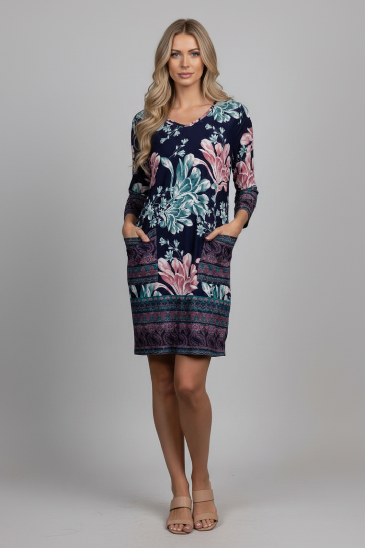 NAVY FLORAL PRINT FRONT PATCH POCKET MIDI DRESS-VC5502