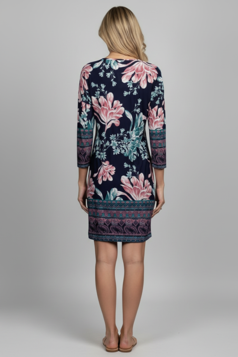 NAVY FLORAL PRINT FRONT PATCH POCKET MIDI DRESS-VC5502