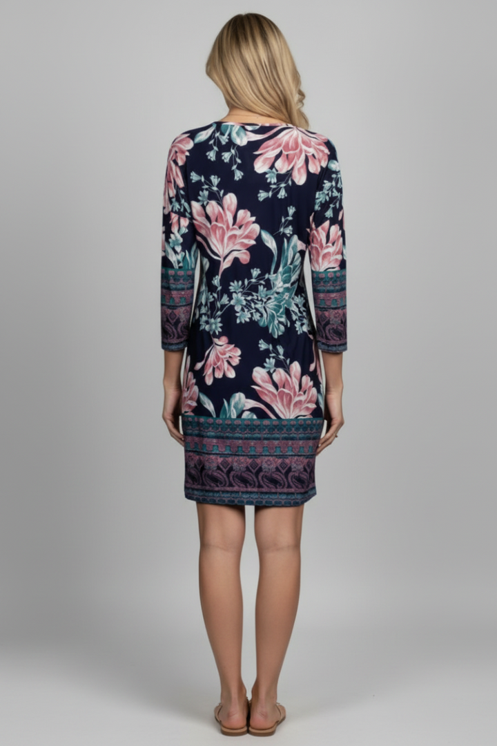 NAVY FLORAL PRINT FRONT PATCH POCKET MIDI DRESS-VC5502