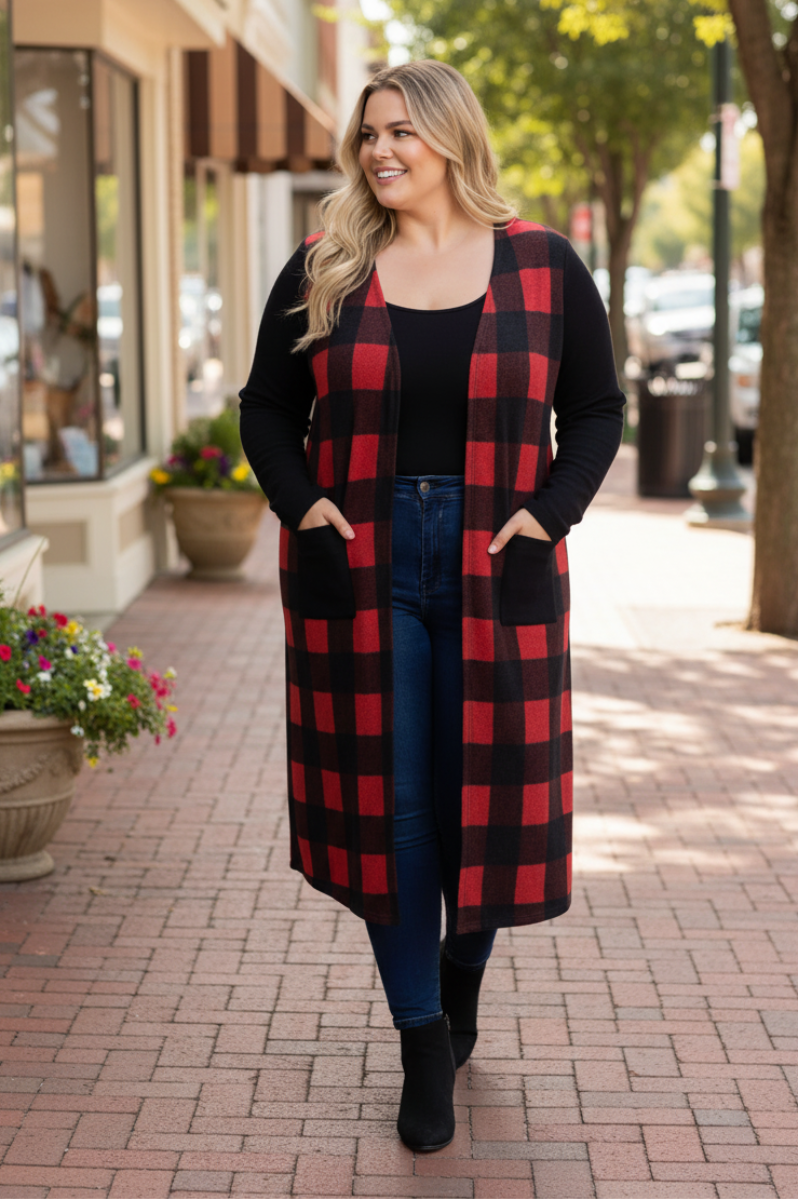 PLUS SIZE CONTRAST THROW ON PLAID CARDIGAN-SG21022P