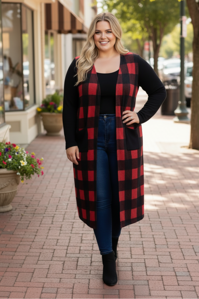 PLUS SIZE CONTRAST THROW ON PLAID CARDIGAN-SG21022P