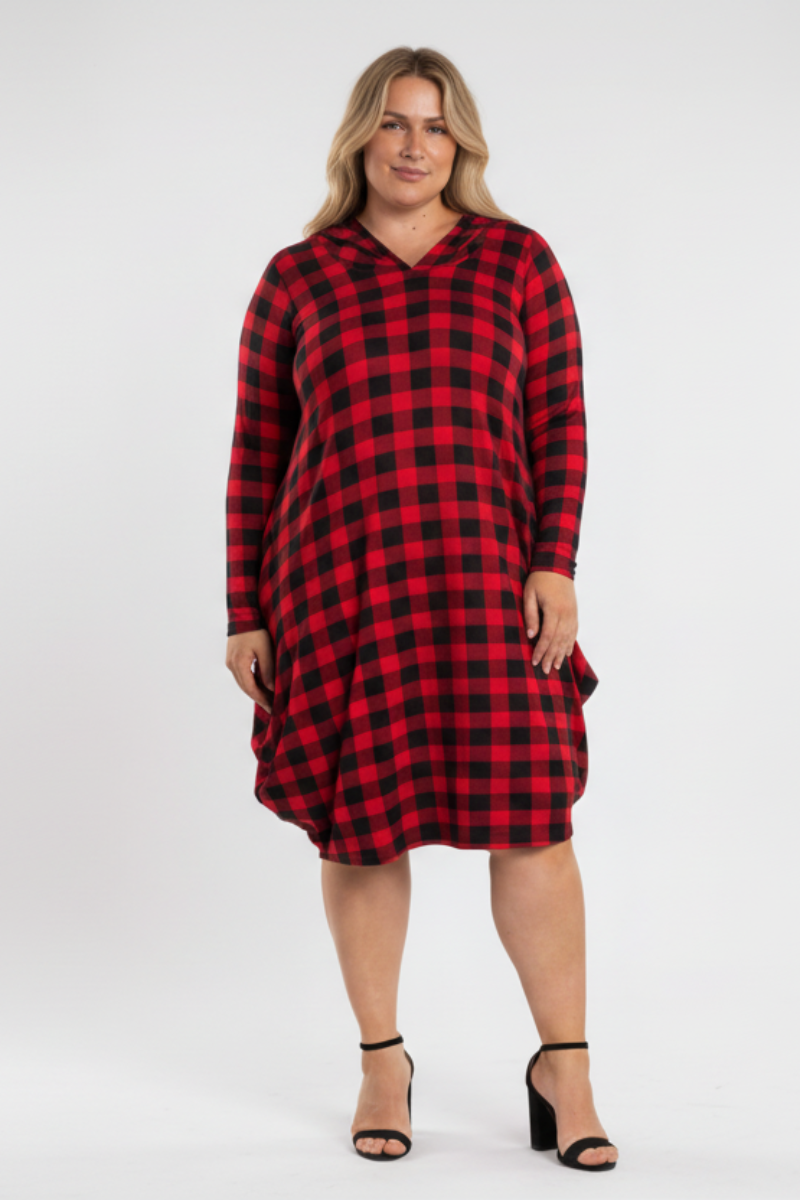 RED PLAID HOODIE LONG SLEEVES PLUS SIZE MIDI DRESS-4D2354-2