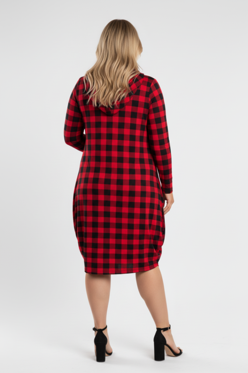RED PLAID HOODIE LONG SLEEVES PLUS SIZE MIDI DRESS-4D2354-2