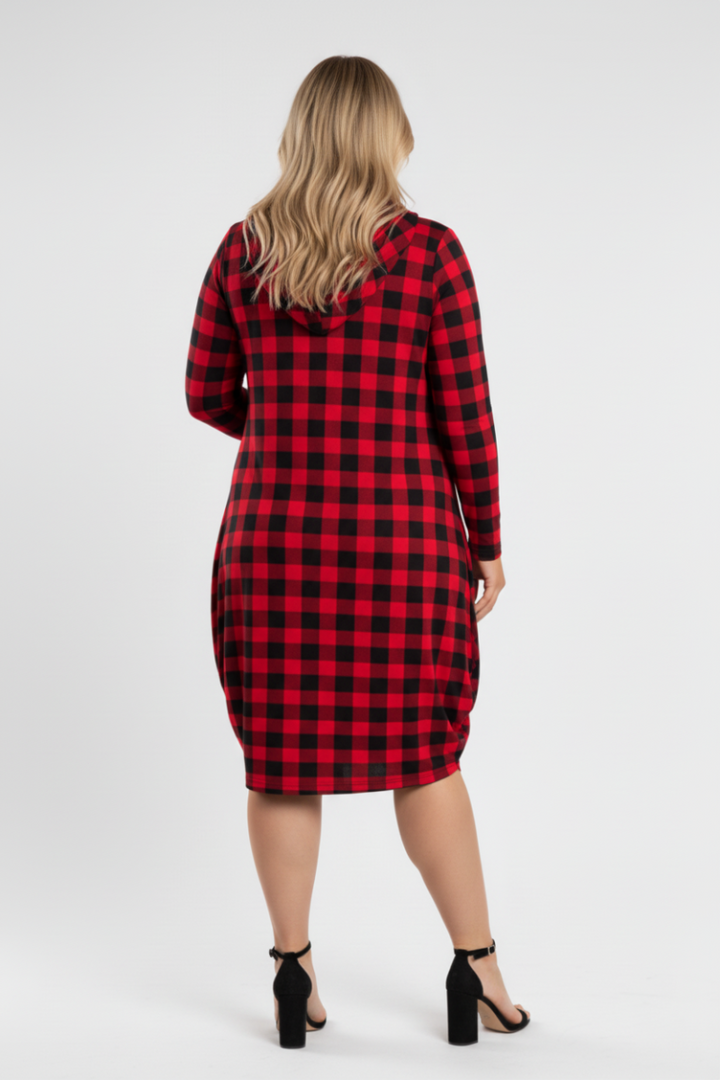 RED PLAID HOODIE LONG SLEEVES PLUS SIZE MIDI DRESS-4D2354-2
