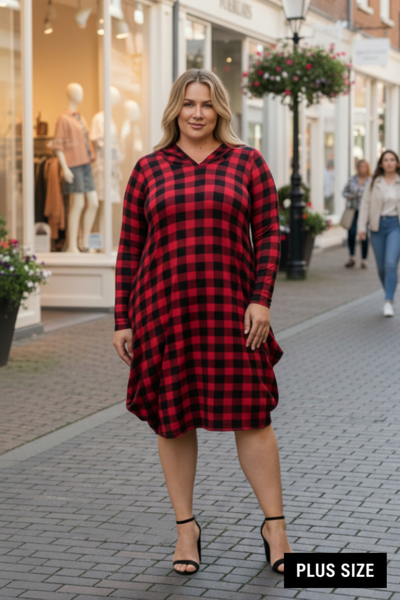RED PLAID HOODIE LONG SLEEVES PLUS SIZE MIDI DRESS-4D2354-2