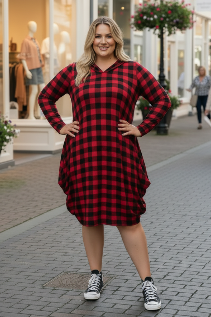 RED PLAID HOODIE LONG SLEEVES PLUS SIZE MIDI DRESS-4D2354-2