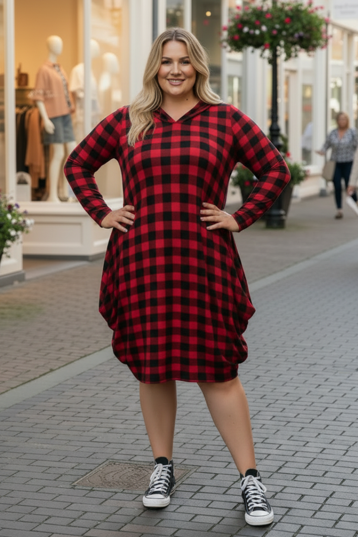 RED PLAID HOODIE LONG SLEEVES PLUS SIZE MIDI DRESS-4D2354-2