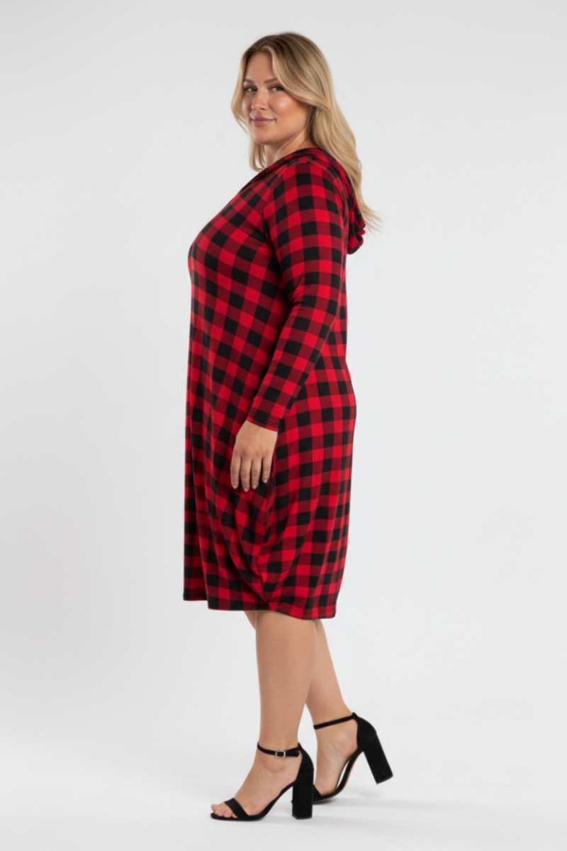 RED PLAID HOODIE LONG SLEEVES PLUS SIZE MIDI DRESS-4D2354-2