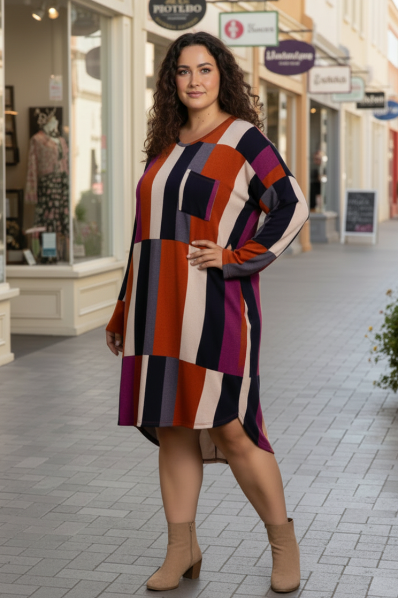 RUST COLOR BLOCK MODERN STYLE HI LOW PLUS SIZE MIDI DRESS SD21095DP -