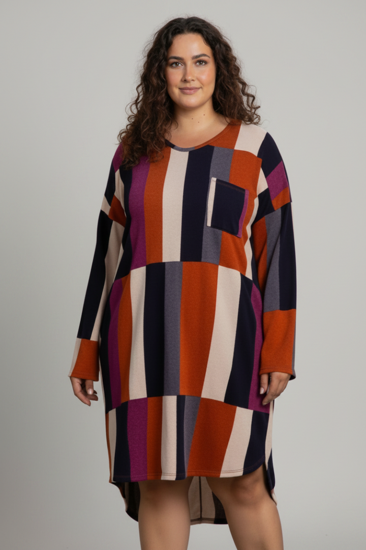 RUST COLOR BLOCK MODERN STYLE HI LOW PLUS SIZE MIDI DRESS SD21095DP -