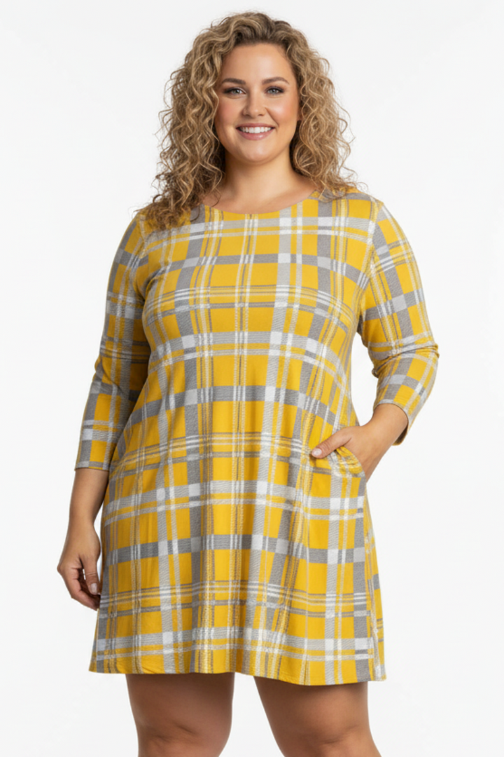 MUSTARD PLAID CHECKERED PRINT PLUS SIZE MINI DRESS-SD21058P-