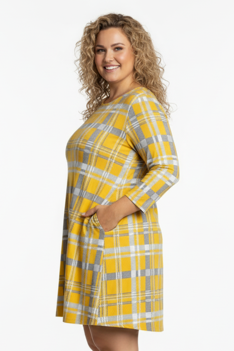 MUSTARD PLAID CHECKERED PRINT PLUS SIZE MINI DRESS-SD21058P-