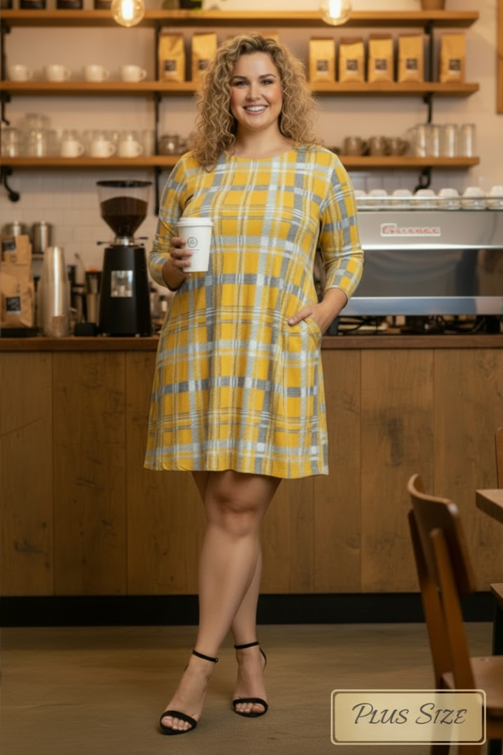MUSTARD PLAID CHECKERED PRINT PLUS SIZE MINI DRESS-SD21058P-