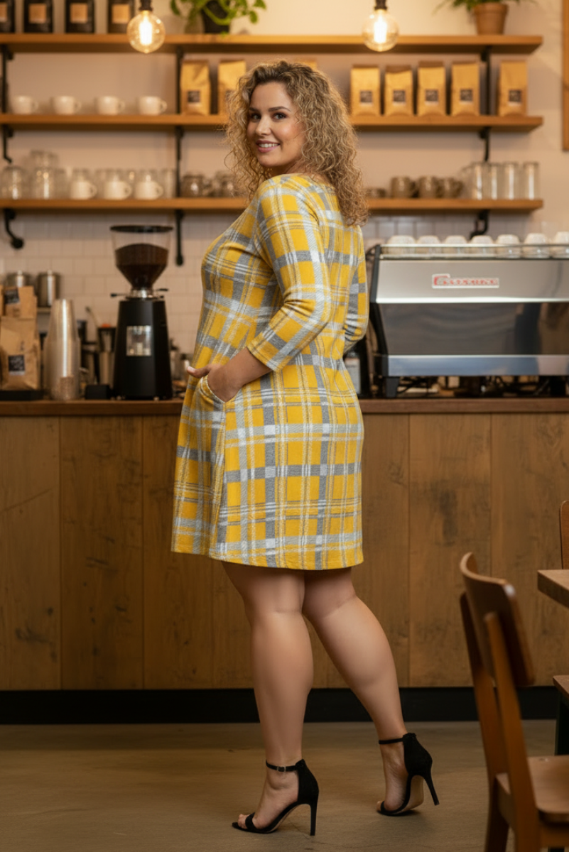 MUSTARD PLAID CHECKERED PRINT PLUS SIZE MINI DRESS-SD21058P-