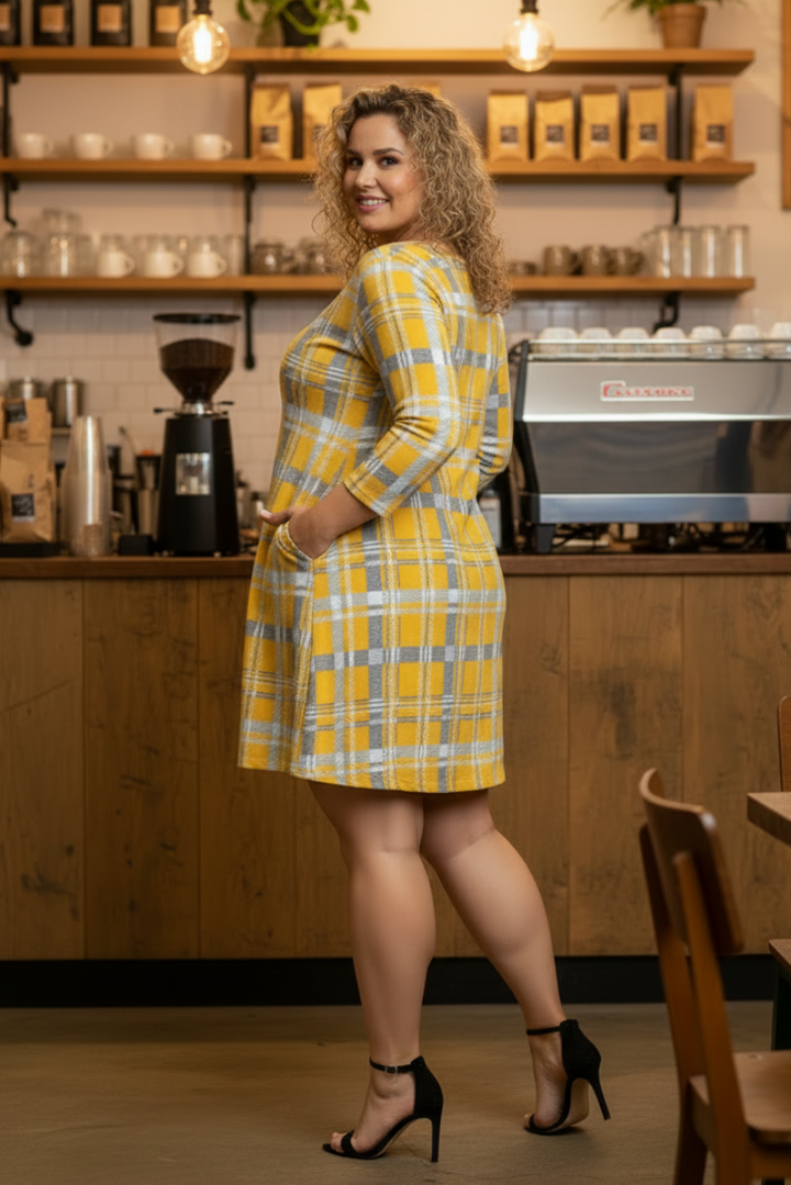 MUSTARD PLAID CHECKERED PRINT PLUS SIZE MINI DRESS-SD21058P-