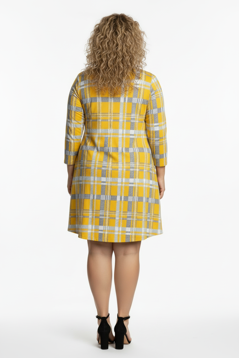 MUSTARD PLAID CHECKERED PRINT PLUS SIZE MINI DRESS-SD21058P-