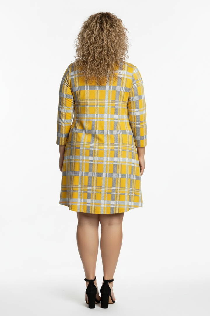 MUSTARD PLAID CHECKERED PRINT PLUS SIZE MINI DRESS-SD21058P-