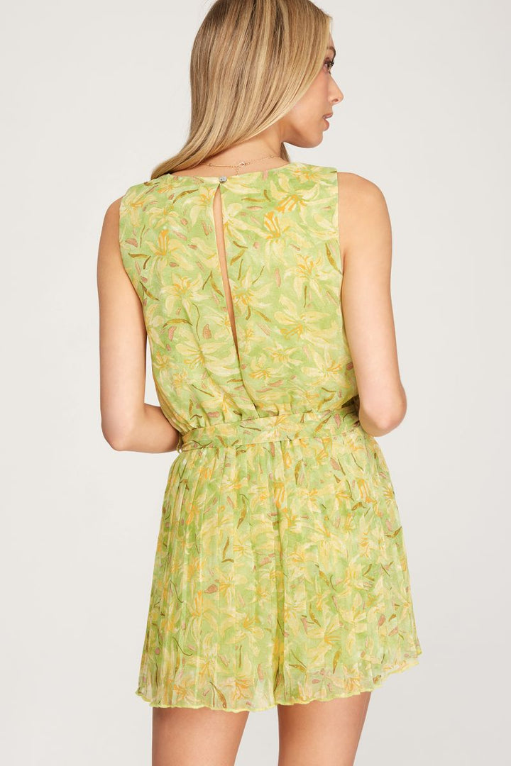 LIME FLORAL PRINT PLEATED SLEEVELESS WOVEN ROMPER SKSY1822