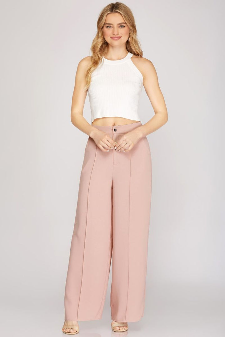 MISTY PINK PINTUCK W/ SIDE POCKETS WOVEN WIDE PANTS